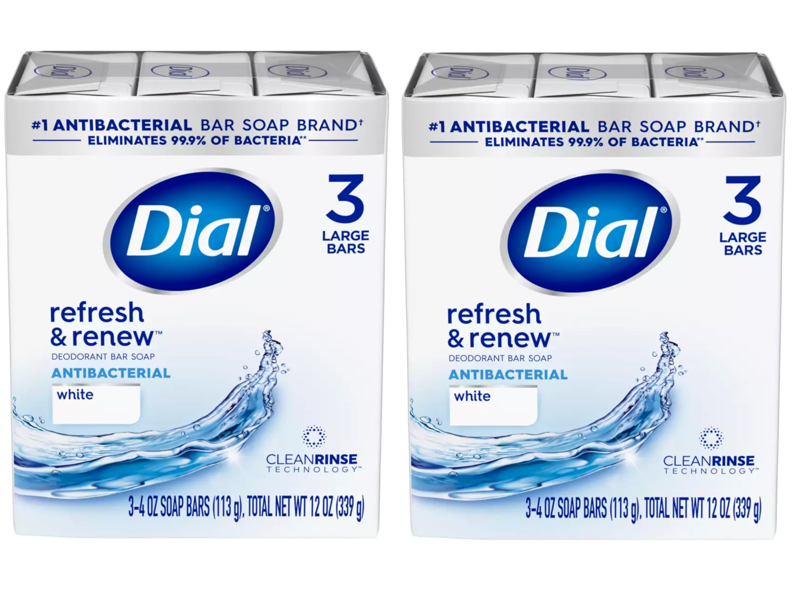 Dial antibacterial bar soap front view shows two-pack design for everyday hygiene.