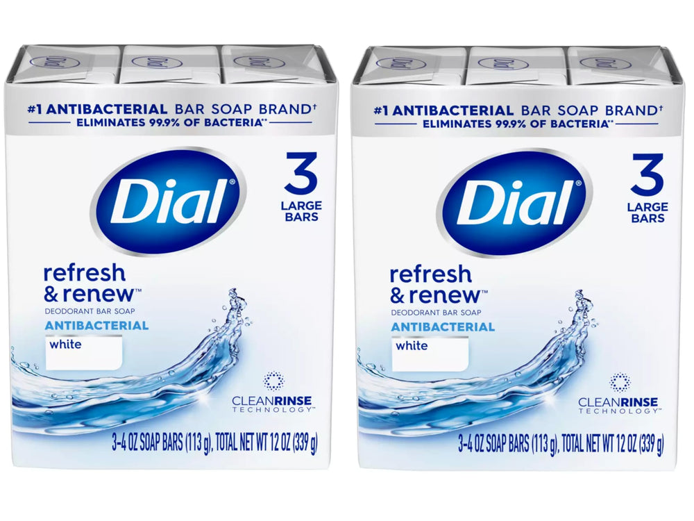 Dial antibacterial bar soap front view shows two-pack design for everyday hygiene.