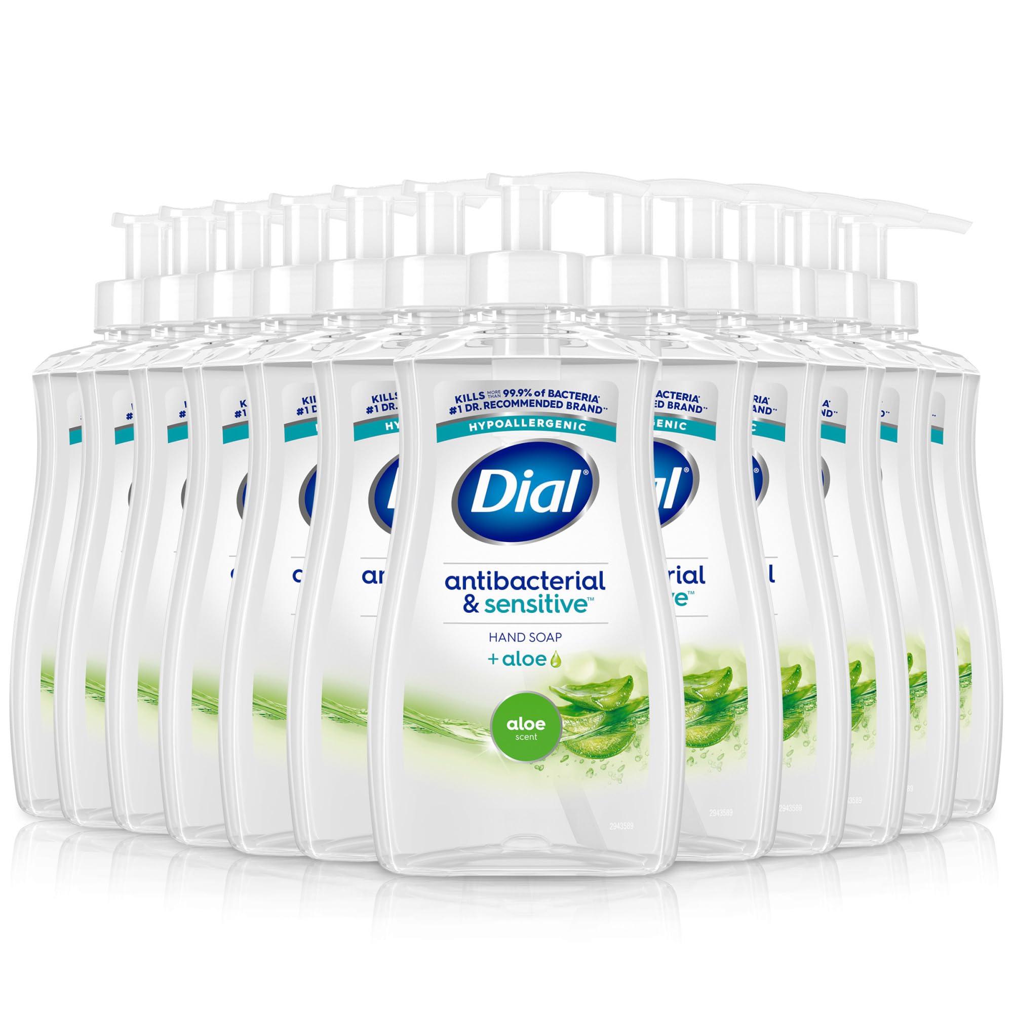 Dial Antibacterial Defense bottle front shows aloe formula for everyday hand cleansing.