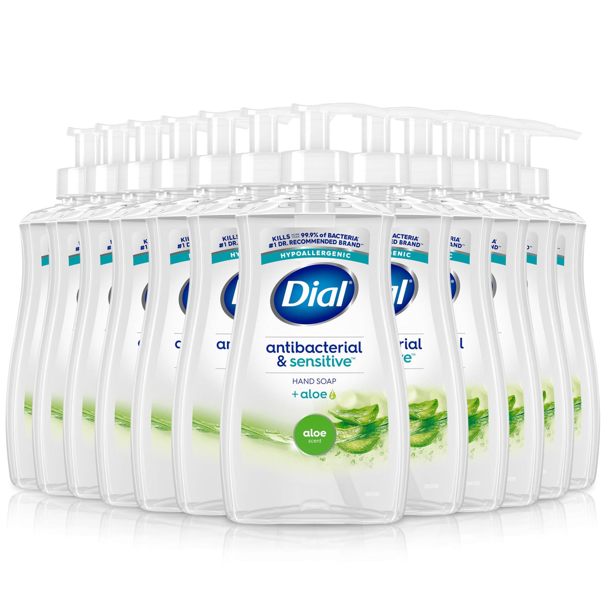 Dial Antibacterial Defense bottle front shows aloe formula for everyday hand cleansing.