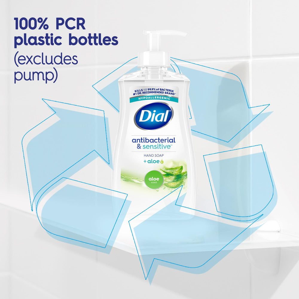 Dial Antibacterial Defense aloe-scent bottle close-up conveys refreshing fragrance.