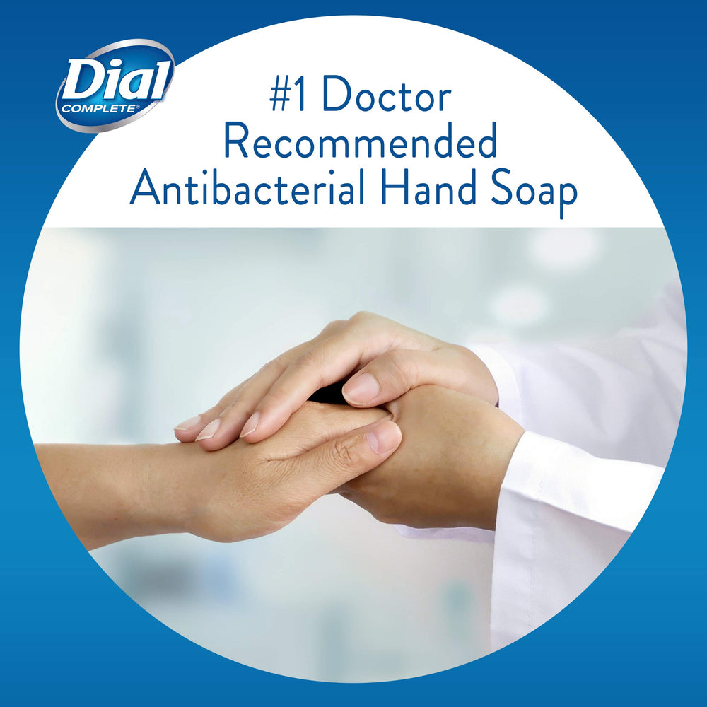 Dial antibacterial hand soap close-up showing 99.9% bacteria reduction in household use.