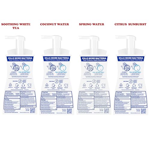 Dial Complete foaming hand wash four-bottle set highlights assorted scents for family use.
