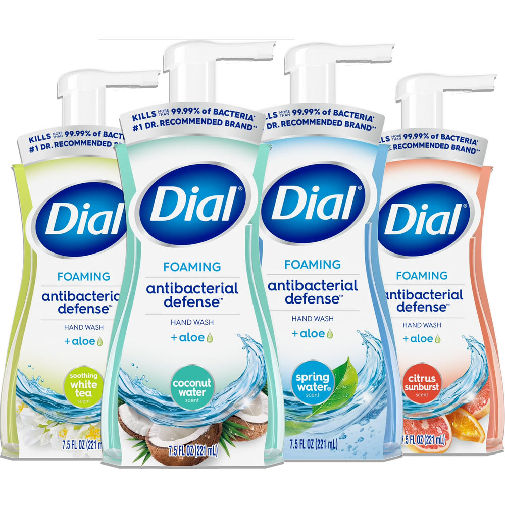 Dial Complete foaming hand wash four-pack on countertop for everyday germ defense.
