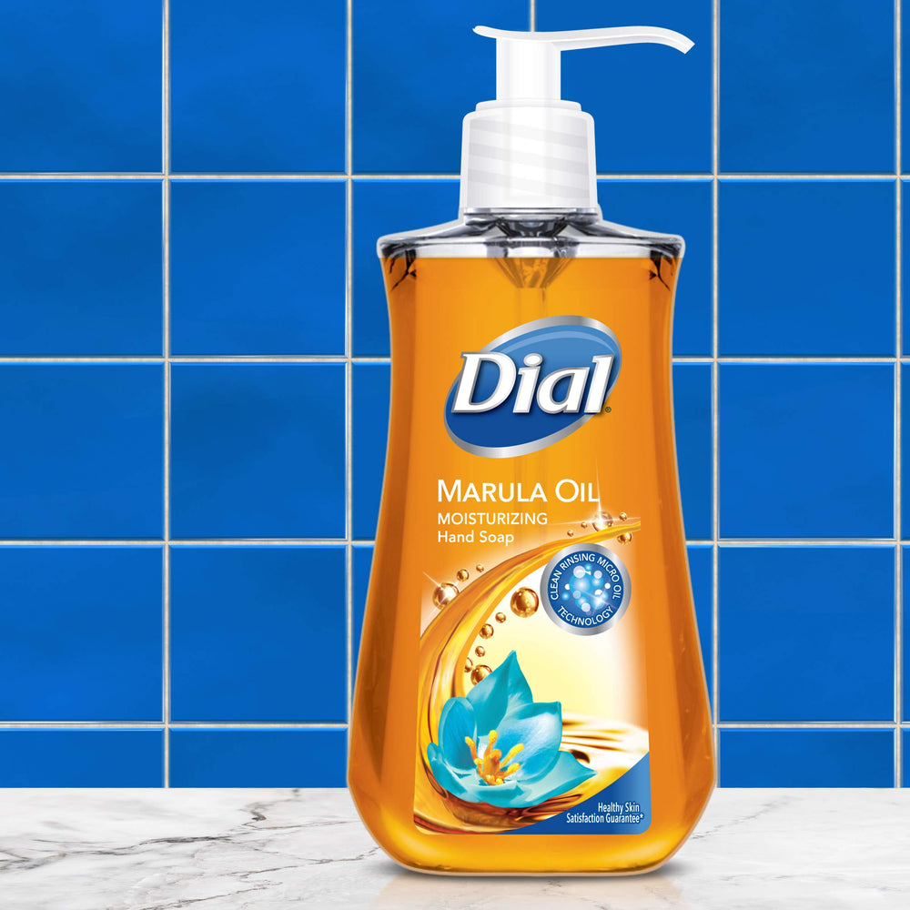 Dial hand soap marula oil in-use — soothing, everyday hand cleansing after chores.
