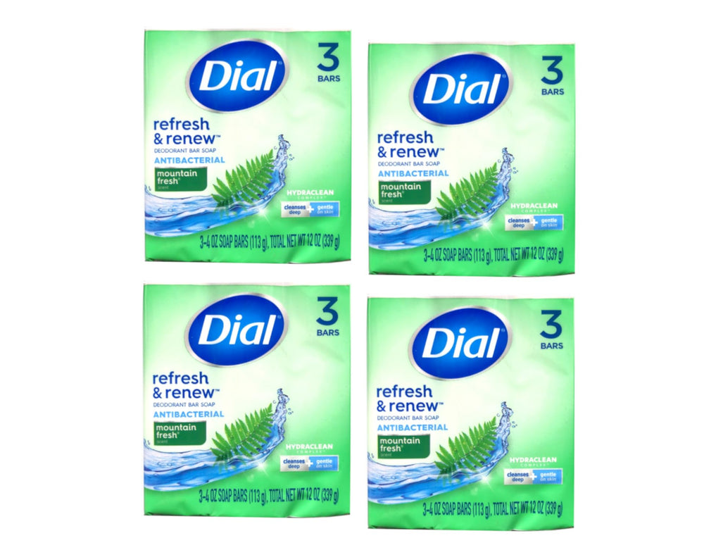 Dial Mountain Fresh deodorant bar soap four-pack with rich lather for daily freshness.