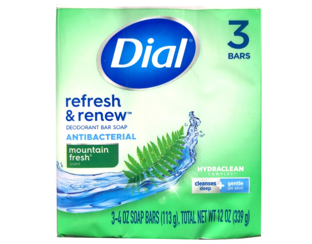 Dial Mountain Fresh antibacterial deodorant bar soap close-up highlighting clean scent and protection.