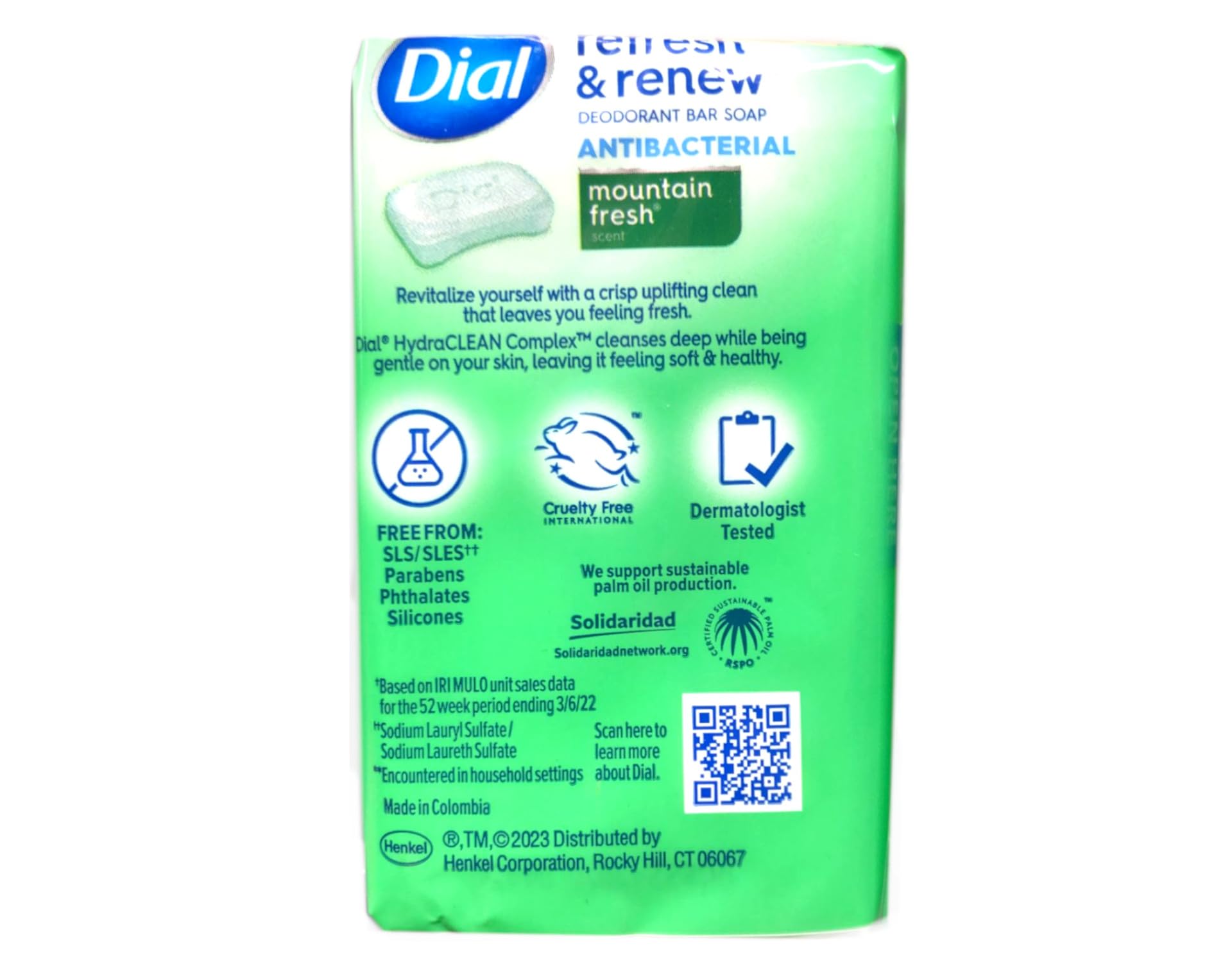 Dial Mountain Fresh bar with droplets after shower for a crisp finish.