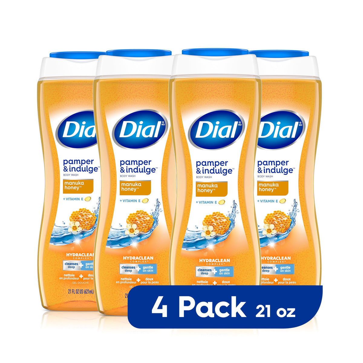 Dial pamper-indulge-manuka-honey bottle closeup for luxurious cleansing.