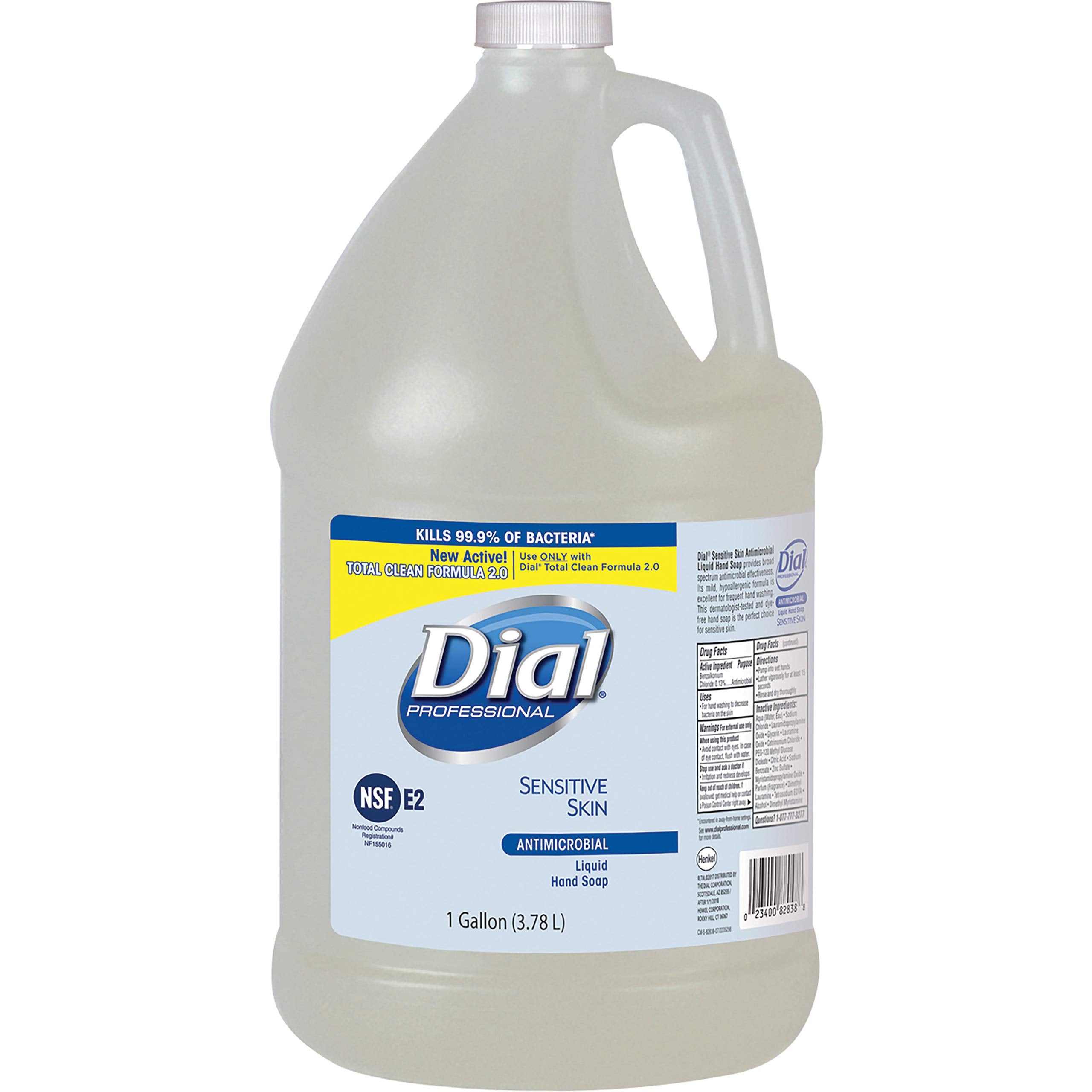 Dial Sensitive Skin Antimicrobial Soap refill bottle, gentle for frequent handwashing in healthcare and classroom settings.