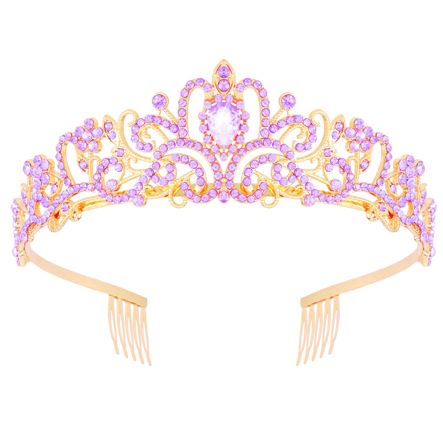 Didder tiara close-up showing gold band and purple rhinestones for elegant events.