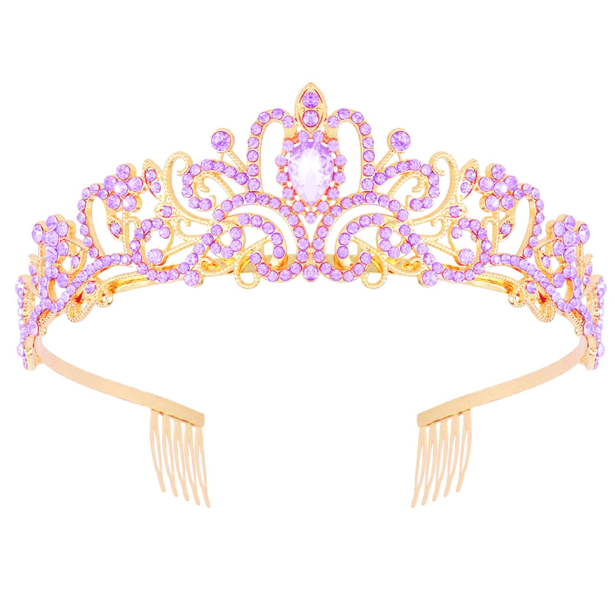 Didder tiara close-up showing gold band and purple rhinestones for elegant events.