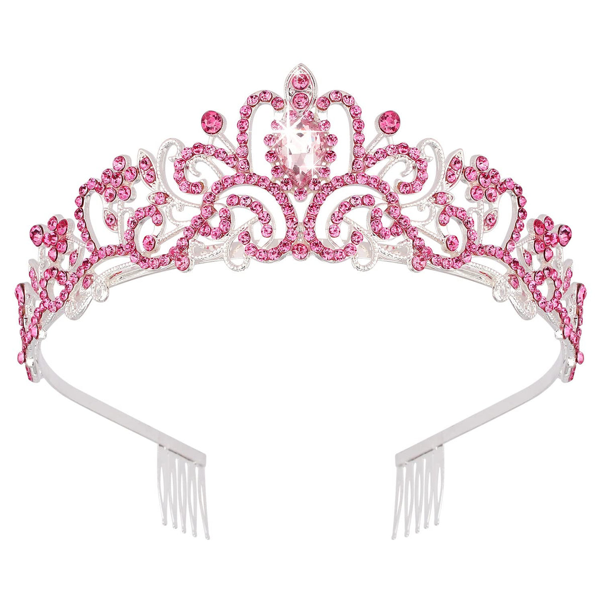 Didder silver tiara pink crystal front view adds bridal sparkle for a radiant wedding look