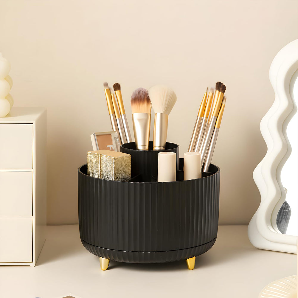 Diesisa makeup brush holder 360-rotation allows quick access to brushes.