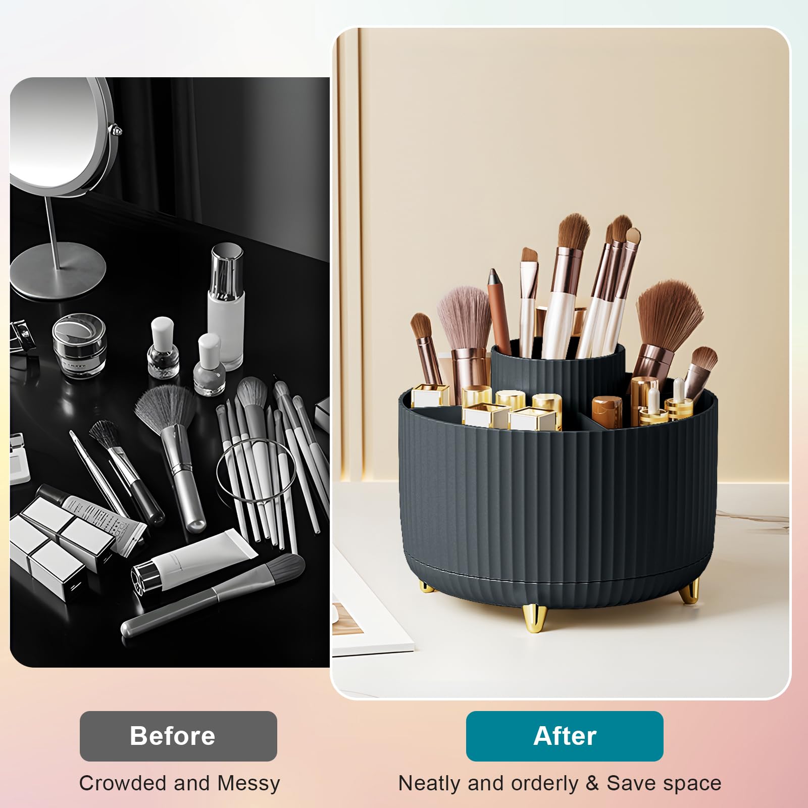 Diesisa makeup brush and nail polish rack keeps cosmetics organized.