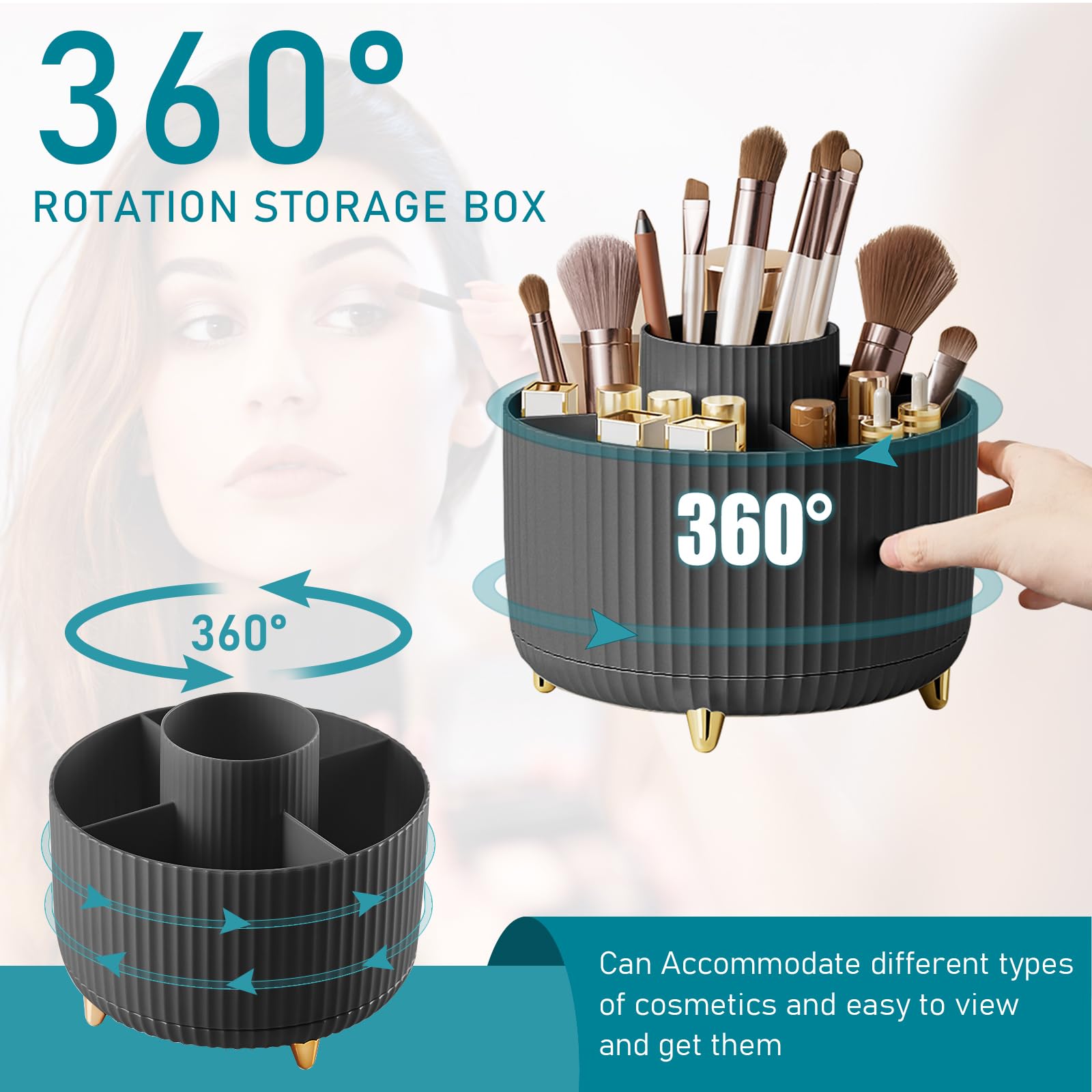 Diesisa rotating makeup organizer shows 5-slots for brushes, polish, and accessories.