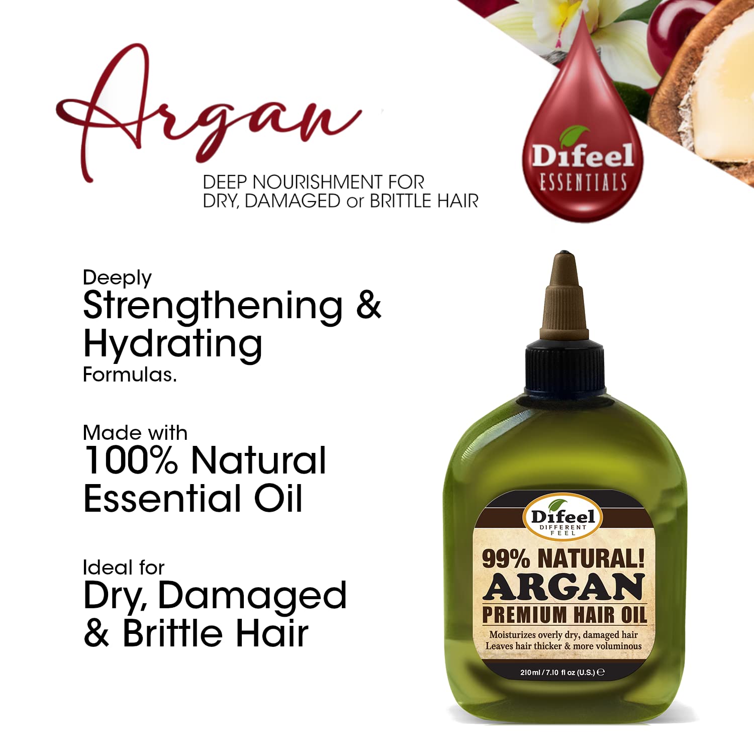 Difeel Argan Oil bottle emphasizing vitamin E for nourished hair