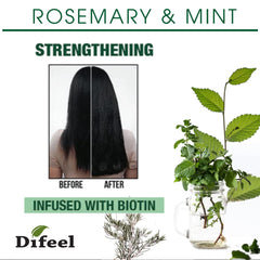 Difeel Biotin-infused shampoo ingredients highlight nourishing benefits.