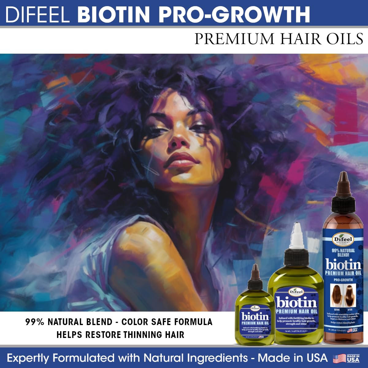 Difeel Biotin Premium Hair Oil packaging emphasizes value in a larger bottle.