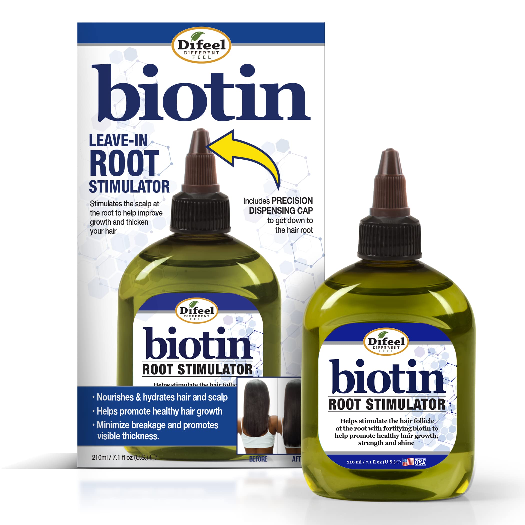 Difeel Biotin Pro-Growth bottle promotes root stimulation for healthier hair.
