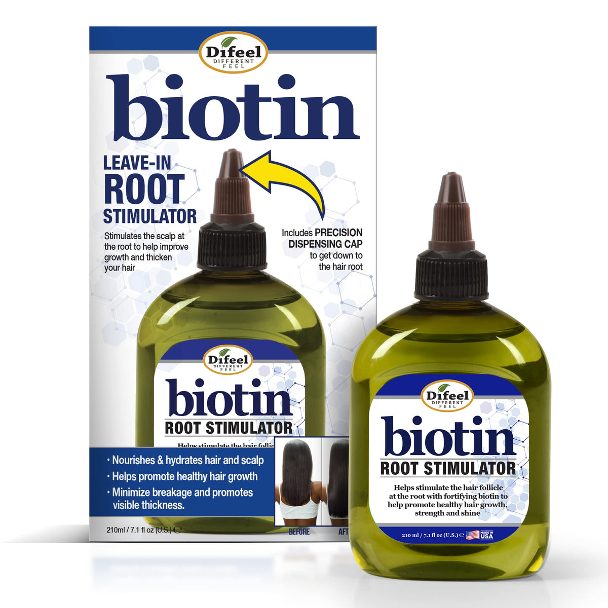 Difeel Biotin Pro-Growth bottle promotes root stimulation for healthier hair.