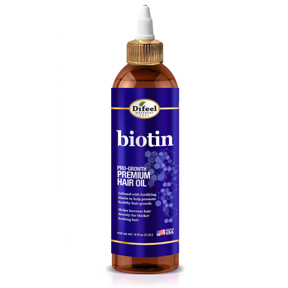 Difeel Biotin Pro Growth bottle shows weightless oil delivering scalp nourishment and hair vitality.