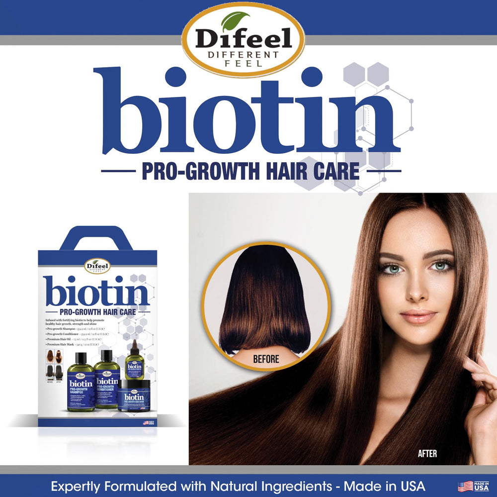 Difeel Biotin Pro-Growth haircare routine display suggests daily regimen benefits.