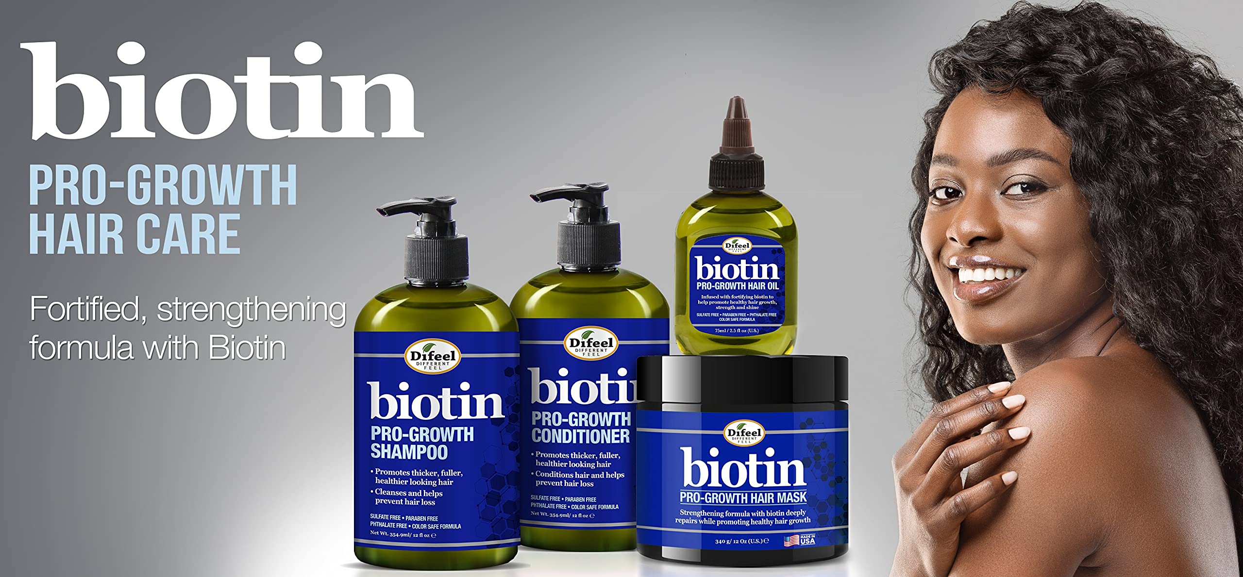 Difeel Biotin Pro-Growth root-stimulation visual hints at revitalized follicles.