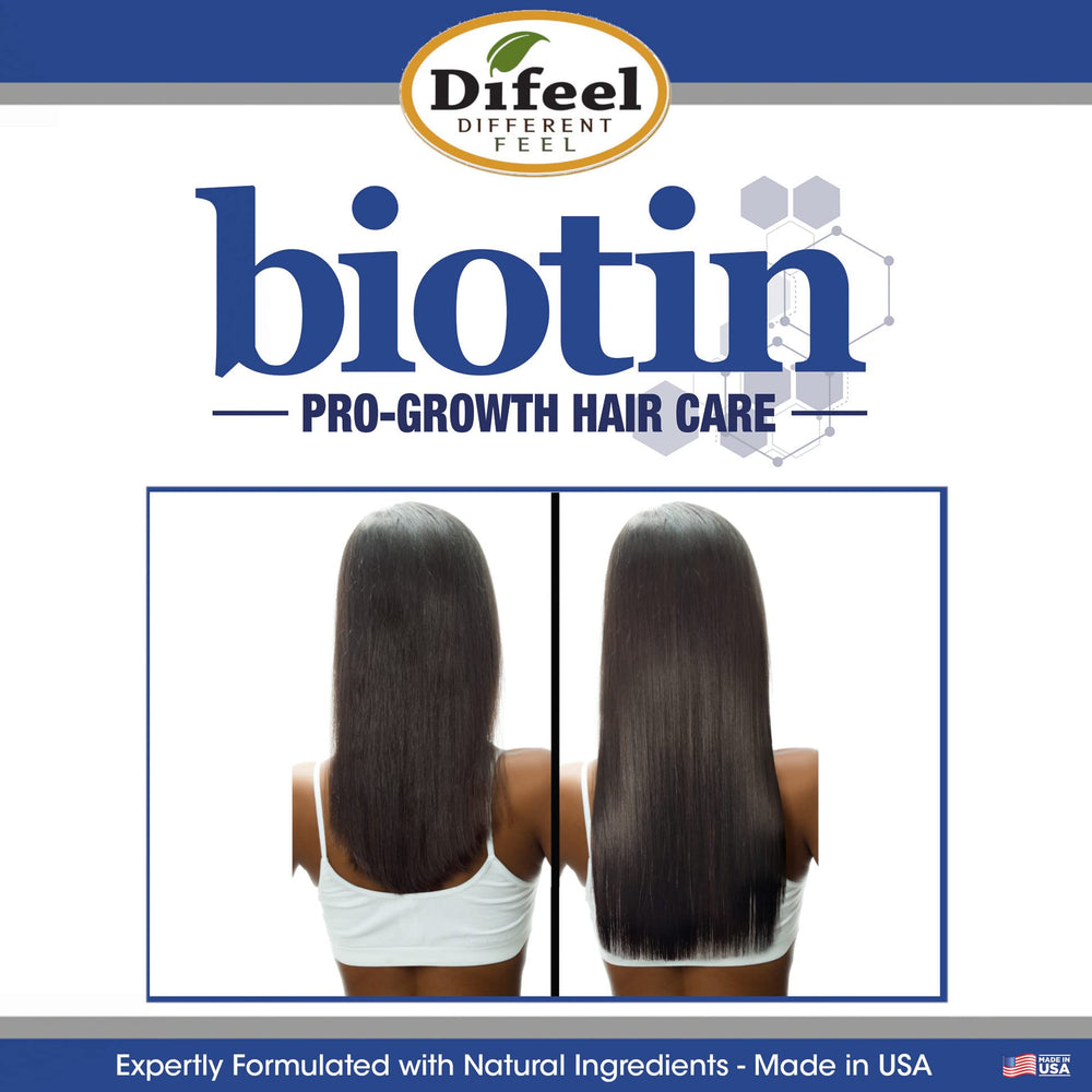 Difeel Biotin Pro-Growth Shampoo label focuses on sulfate- and paraben-free formula.