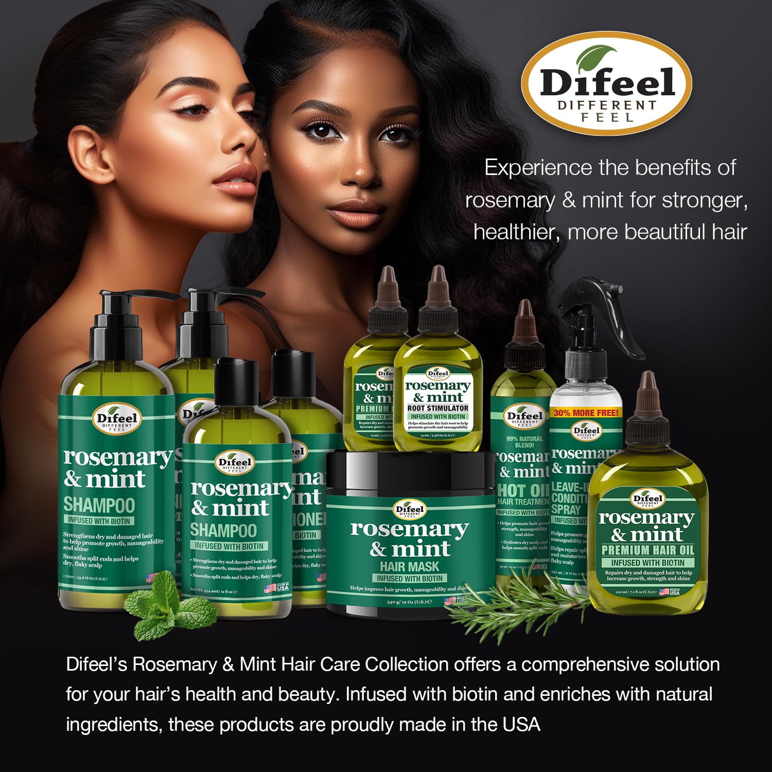 Difeel natural ingredients scene featuring rosemary and mint herbs