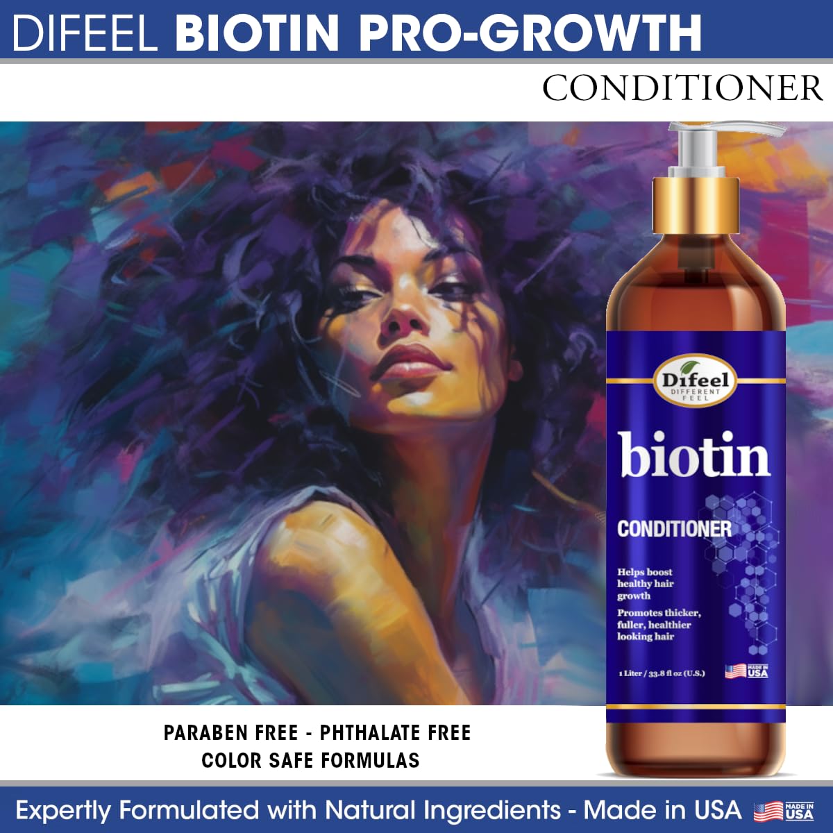Difeel Pro-Growth Biotin Conditioner on sink showcasing convenient home care.