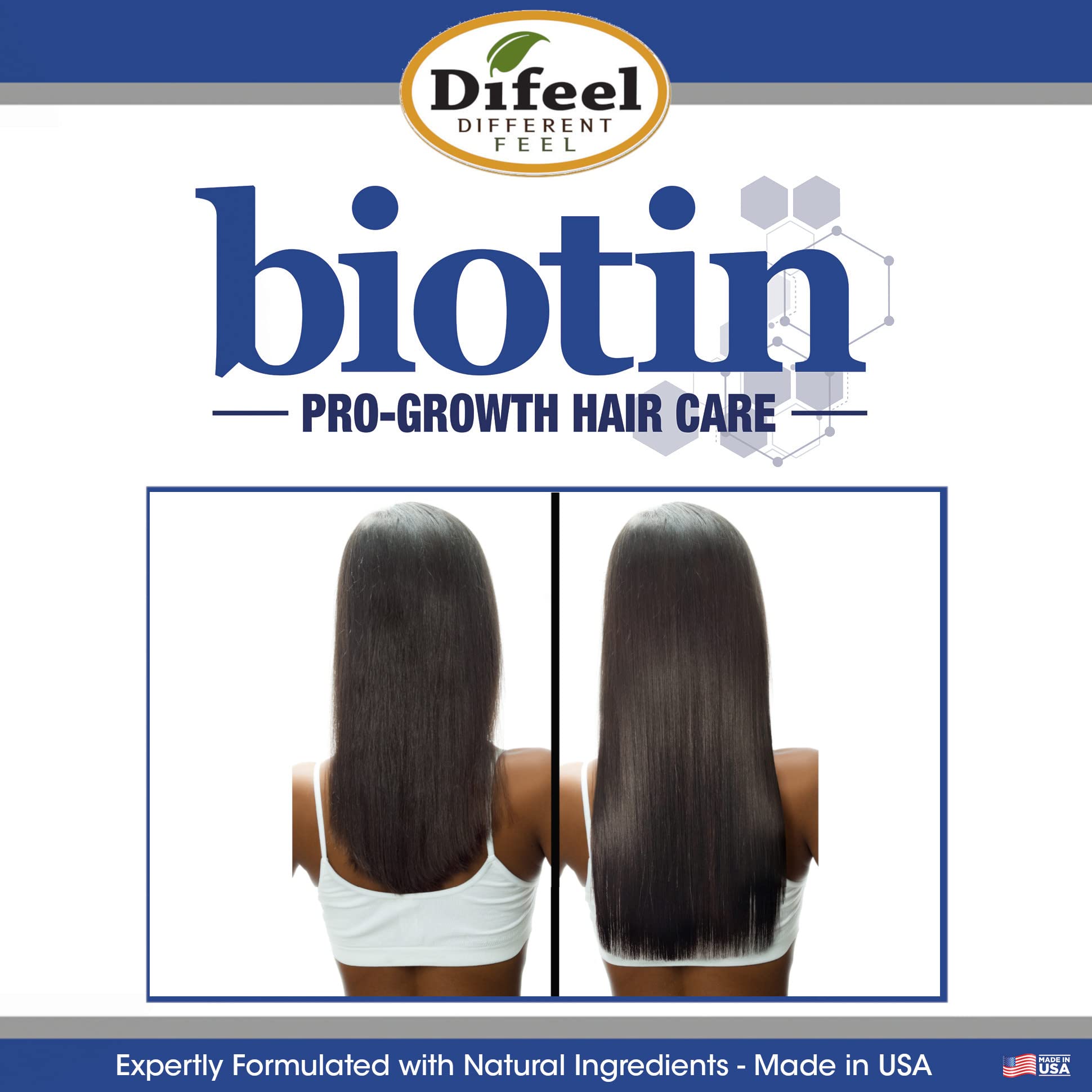 Difeel Pro-Growth Biotin Shampoo bottle-label highlights color-safe formula.