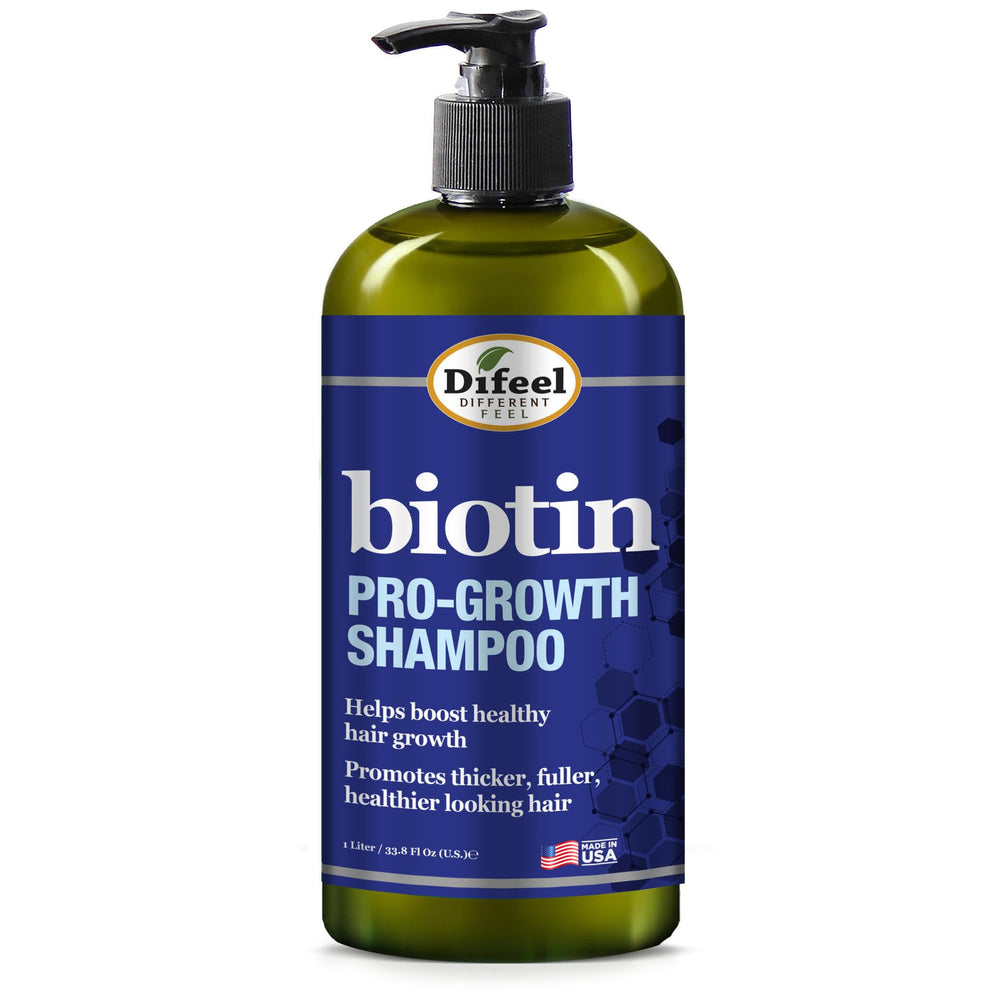 Difeel Pro-Growth Biotin Shampoo bottle pour for easy daily use.