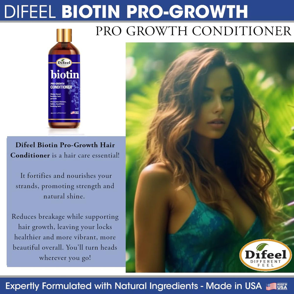 Difeel Pro-Growth Biotin Shampoo en cabellera recién lavada, cabello más fuerte y brillo natural.