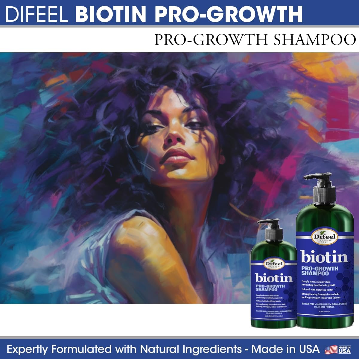 Difeel Pro-Growth Biotin Shampoo hair-health-closeup highlights nourishing biotin.