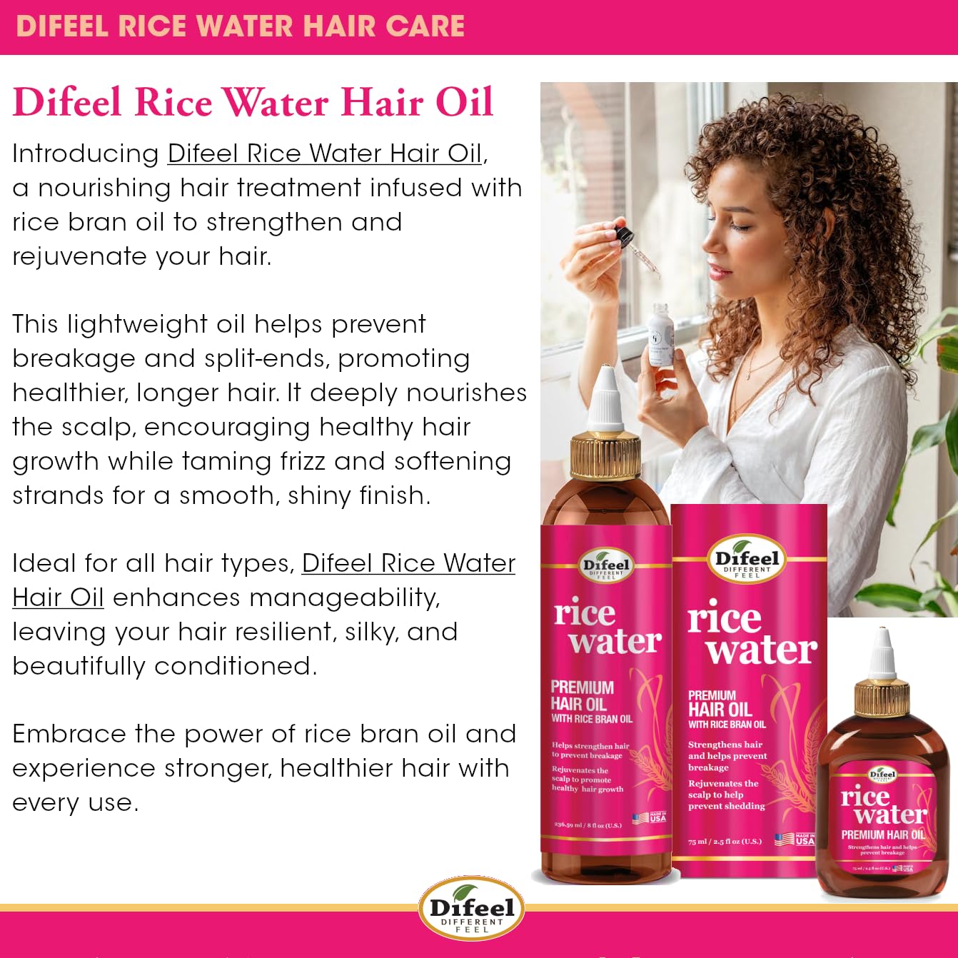 Difeel Rice Water Hair Oil packaging highlights USA-made quality