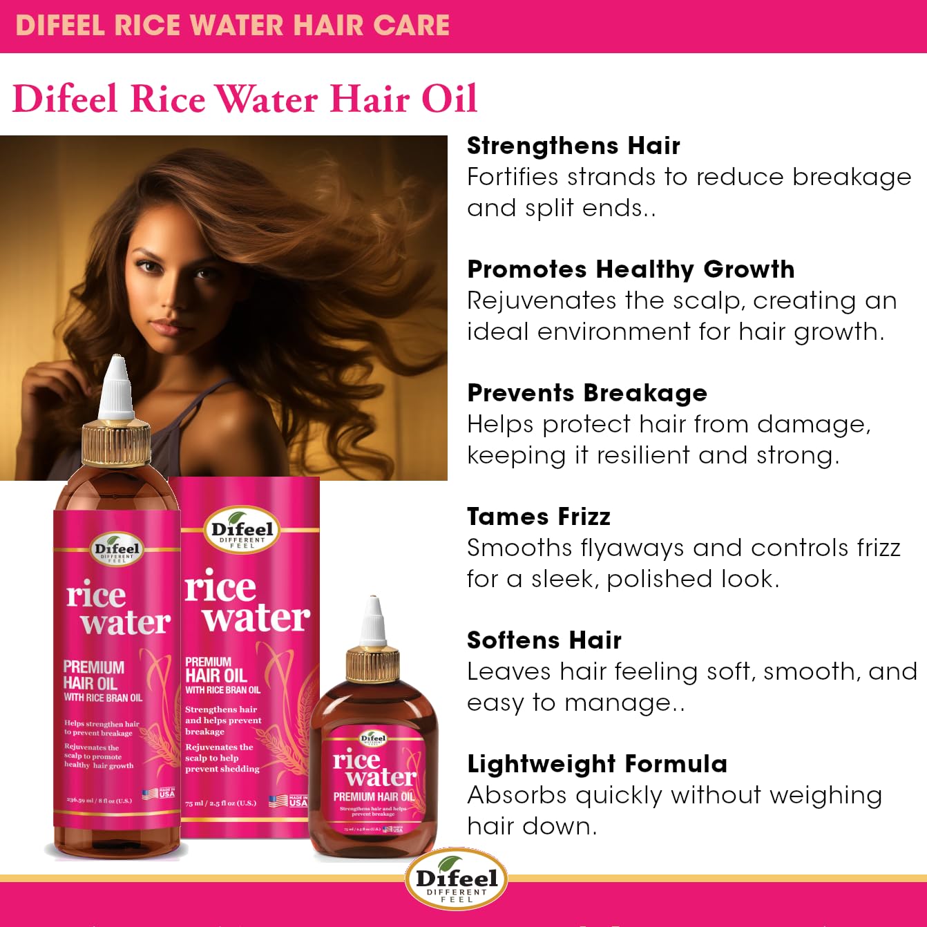 Difeel Rice Water Hair Oil swatch demonstrating soft, shiny strands