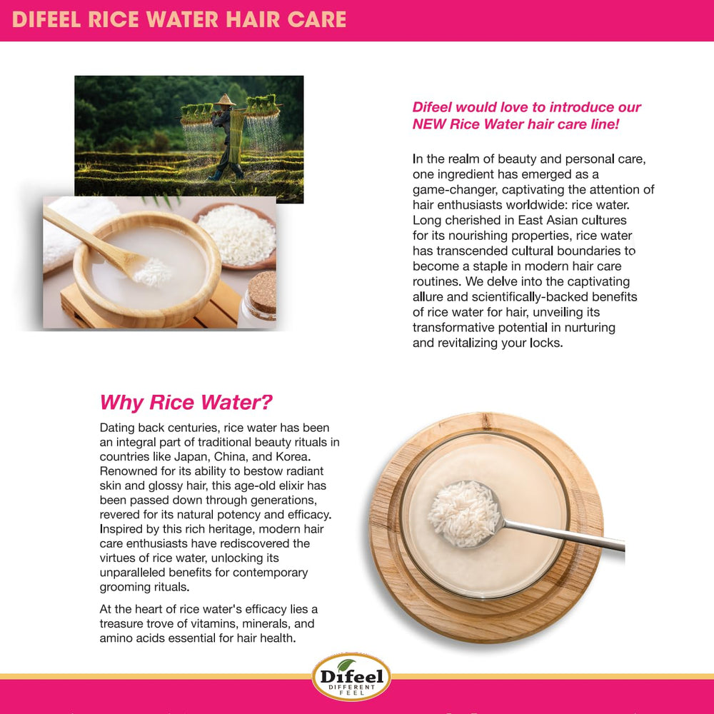 Difeel Rice Water Leave-In Spray bottle and hair application demonstrates lightweight hydration.