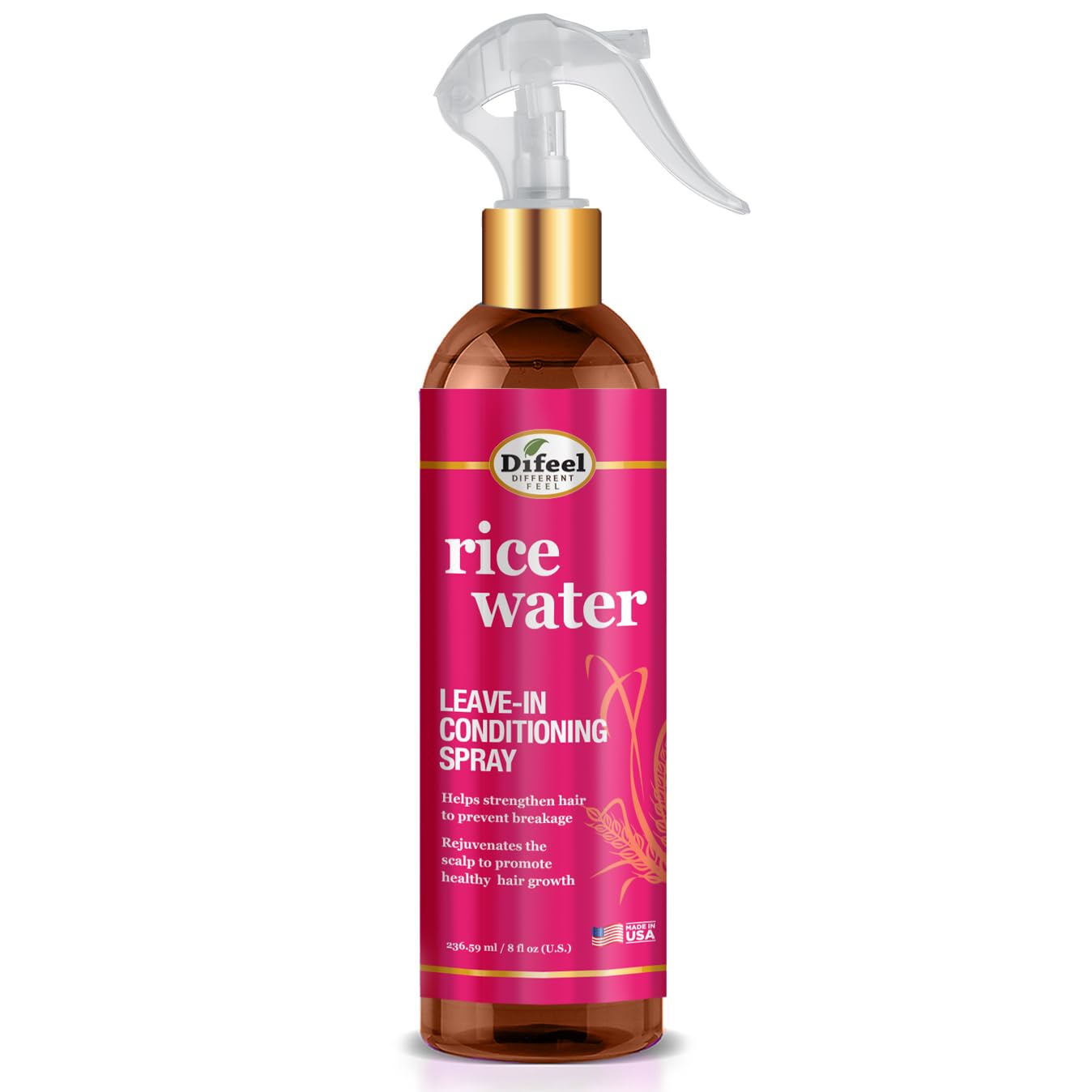 Difeel Rice Water Leave-In Spray bottle delivering lightweight conditioning for stronger hair.