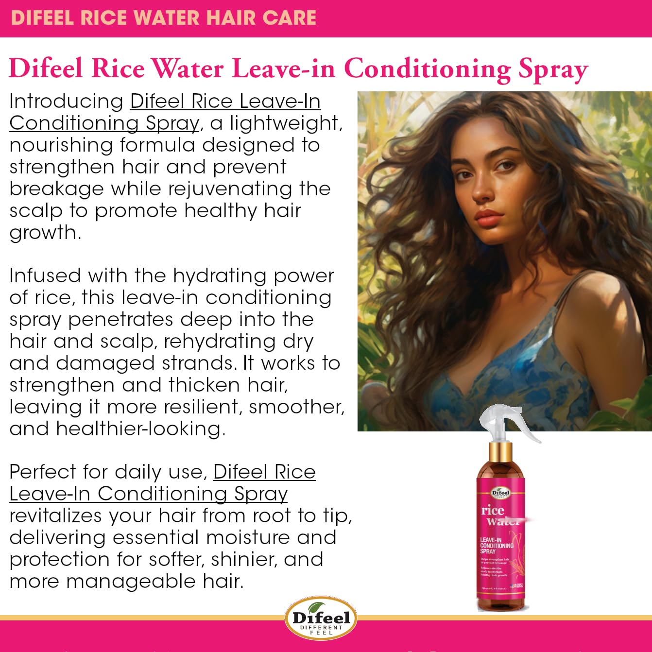 Difeel Rice Water Leave-In Spray close-up shows hydration at hair ends.