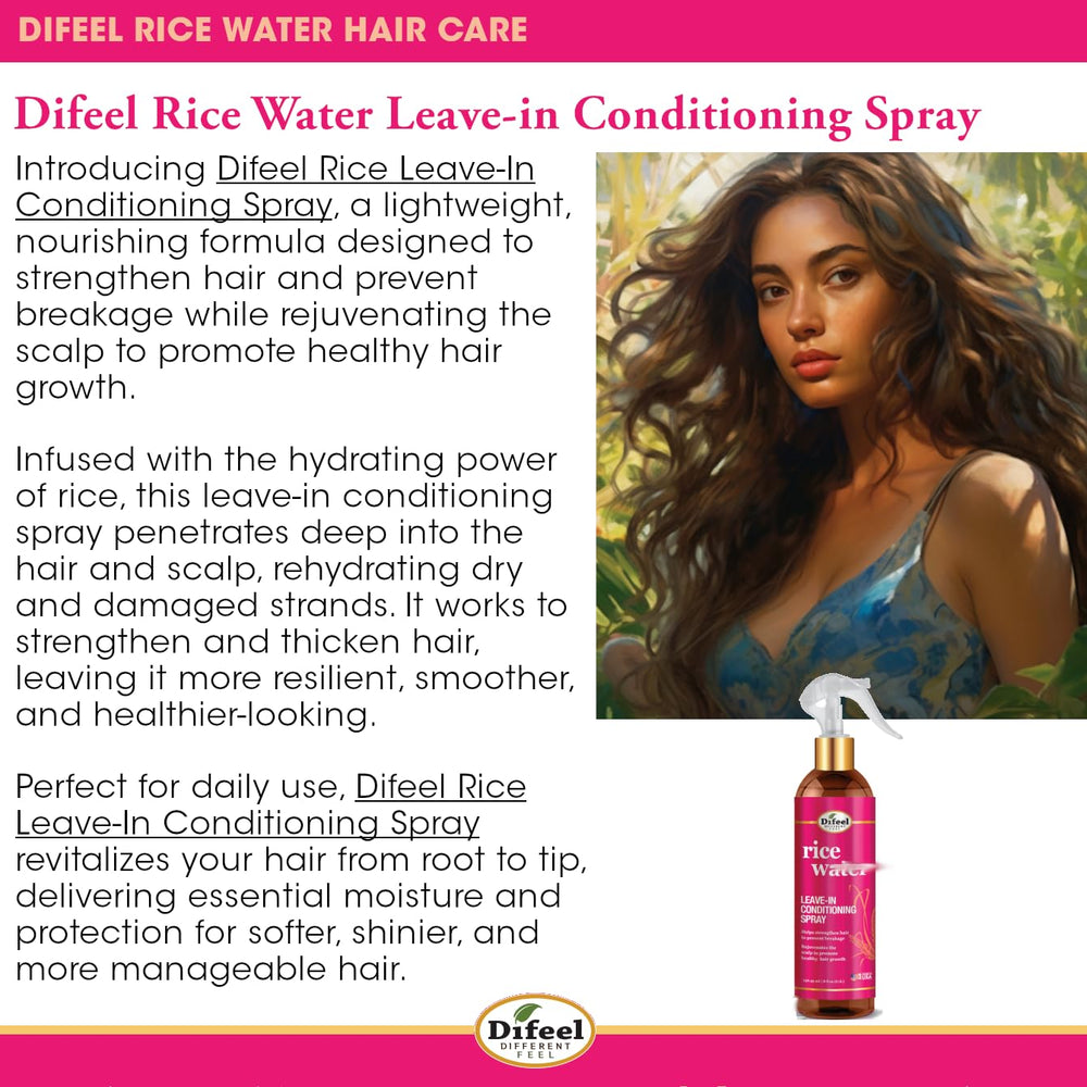 Difeel Rice Water Leave-In Spray close-up shows hydration at hair ends.