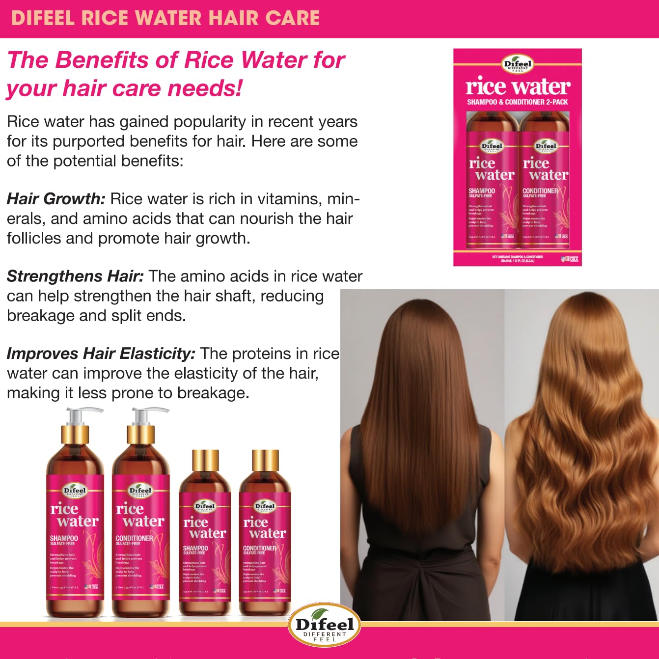Difeel Rice Water Leave-In Spray ingredient highlight with rice for nourishment.