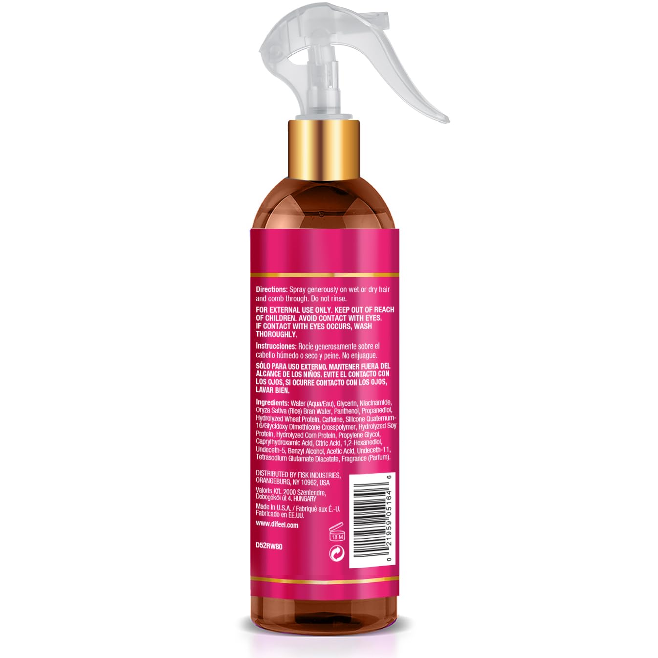 Difeel Rice Water Leave-In Spray mist evenly coats hair for frizz control.