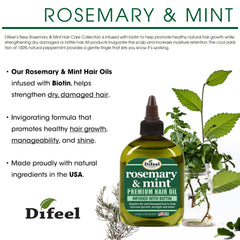 Difeel Rosemary Mint Hair Oil drops highlight precise application and conditioning.