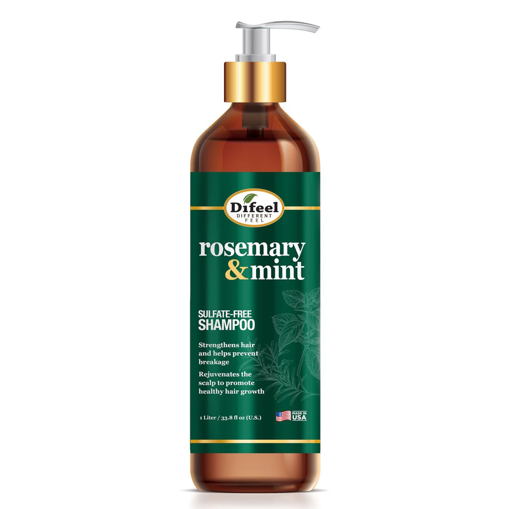 Difeel rosemary mint strengthening shampoo bottle shown for stronger hair.