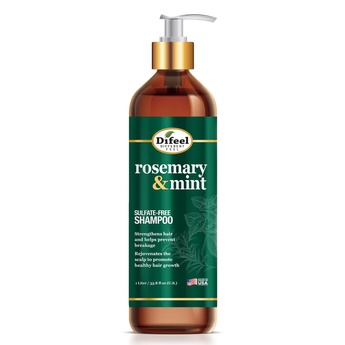 Difeel rosemary mint strengthening shampoo bottle shown for stronger hair.