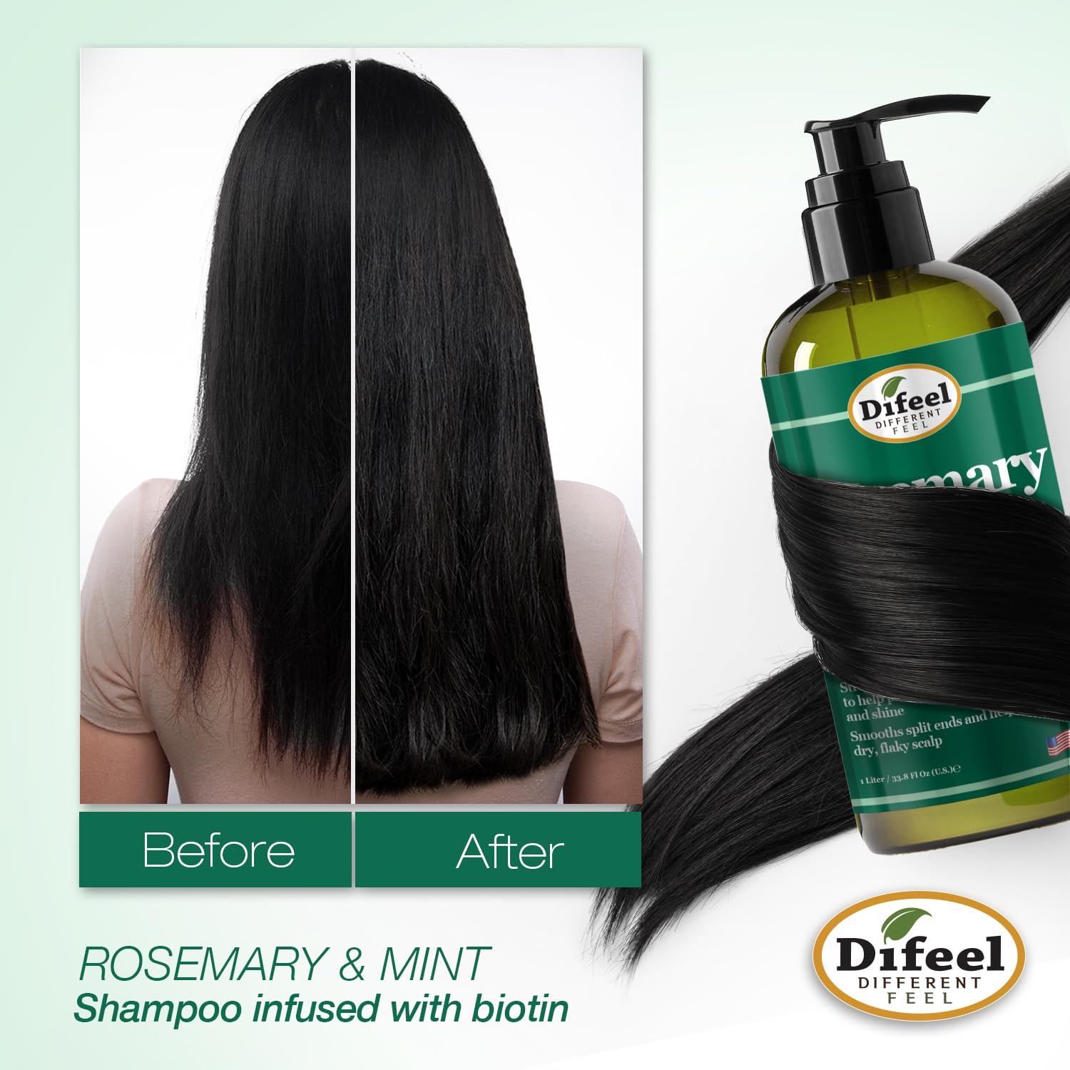 Paraben-free formula badge on Difeel shampoo promotes gentle cleansing.