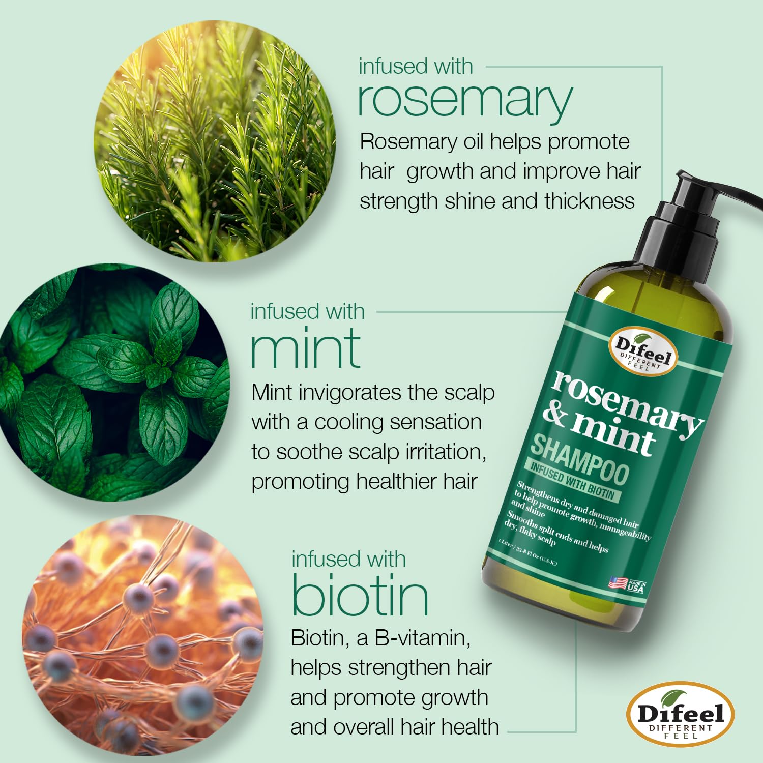 Made in USA label on Difeel rosemary mint shampoo bottle for everyday cleansing.