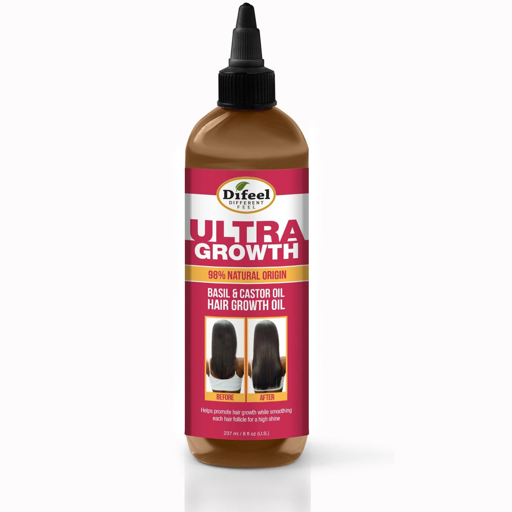 Difeel Ultra Growth Basil & Castor Hair Oil bottle ready for scalp nourishment and hair strengthening.