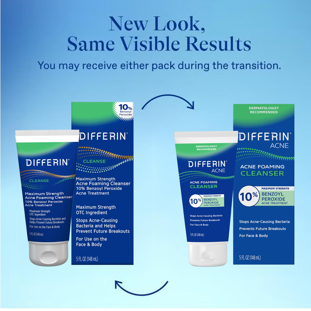 Differin 10% benzoyl peroxide foam close-up showing potent formula for acne-prone skin.